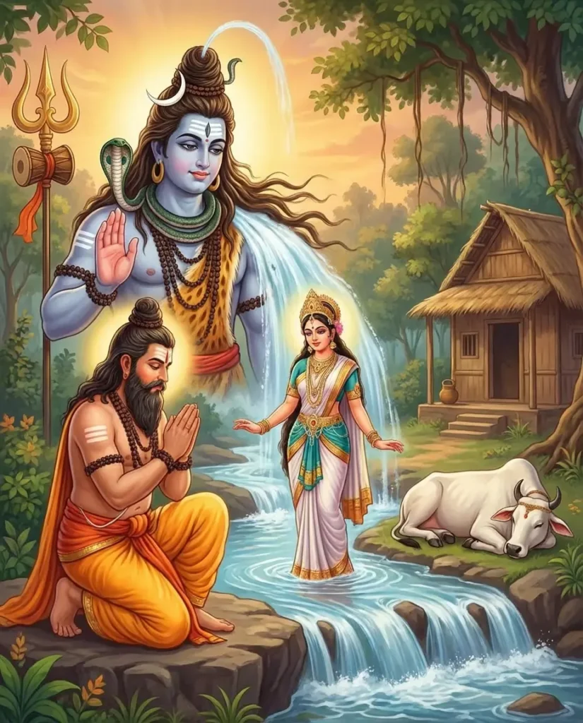 Bhagavan Siva delivering Ganga as Godavari to Rishi Gautamaas Godavari flows on the dead cow in front of Gautama Ashrama. Read Vedas, Puranas, Upanishads, Scriptures Online in Telugu, Hindi and English at VedicPeople.com
