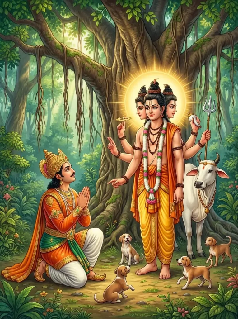 King Alarka, Son of Madalasa and Rtadhvaja seeking spiritual instructions from Dattatreya when his brother subahu attempts to conquer his kingdom, as described in Markandeya Purana. Read Vedas, Puranas, Upanishads, Scriptures Online in Telugu, Hindi and English at VedicPeople.com