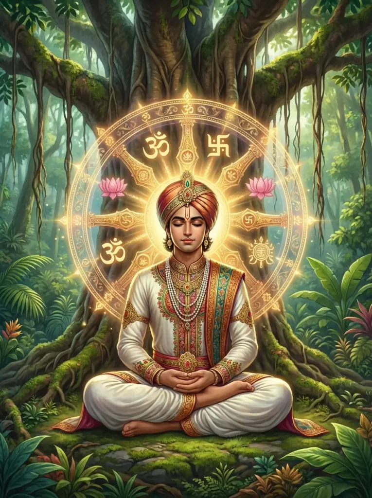 King Bhima meditating on Ganesha per guidance from Visvamitra as described in Ganesa Purana. Read Vedas, Puranas, Upanishads, Scriptures Online in Telugu, Hindi and English at VedicPeople.com