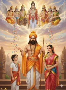 King Harischandra, Ancestor of Sri Rama being blessed by Visvamitra, Dharma Devata, Indra and others as described in Markandeya Purana. Read Vedas, Puranas, Upanishads, Scriptures Online in Telugu, Hindi and English at VedicPeople.com