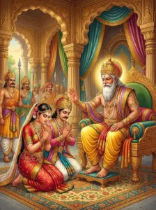 King Satrujit blessing Rtudvaja and Madalasa in Markandeya Purana. Read Vedas, Puranas, Upanishads, Scriptures Online in Telugu, Hindi and English at VedicPeople.com