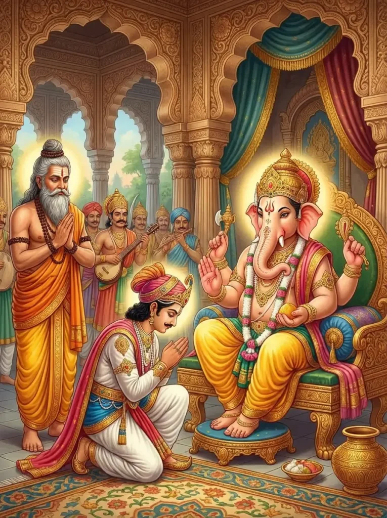 Prince Daksha, the ancestor of Bhima Maharaja being blessed by Ganesha while Mudgala as described in the Ganesha Purana. Read Vedas, Puranas, Upanishads, Scriptures Online in Telugu, Hindi and English at VedicPeople.com