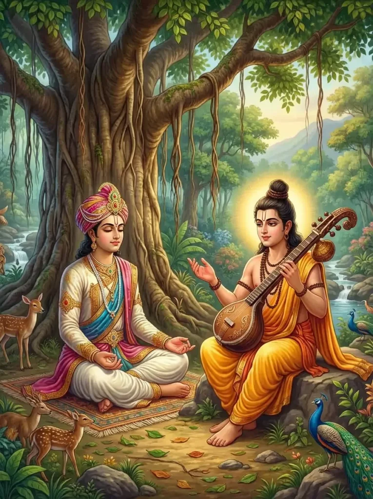 Prince Rukmangada being instructed by Narada Maharshi to do Tapas as described in Ganesa Purana. Read Vedas, Puranas, Upanishads, Scriptures Online in Telugu, Hindi and English at VedicPeople.com