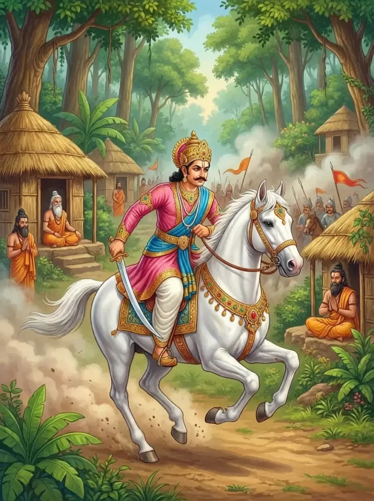 Prince Ṛtadhvaja riding Kuvalaya horse to fight Patalaketu rakshasa per guidance from Rishi Galava in Markandeya Purana. Read Vedas, Puranas, Upanishads, Scriptures Online in Telugu, Hindi and English at VedicPeople.com