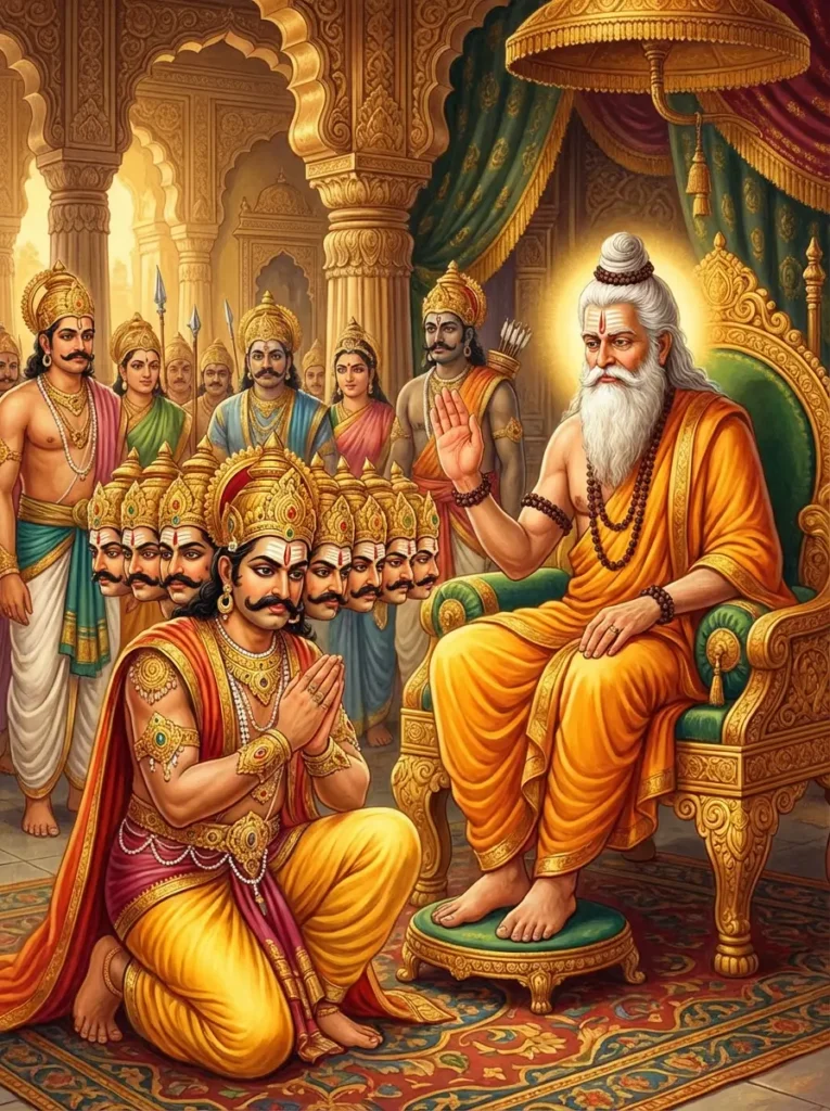 Pulastya blessing Ravana in Lanka. Read Vedas, Puranas, Upanishads, Scriptures Online in Telugu, Hindi and English at VedicPeople.com