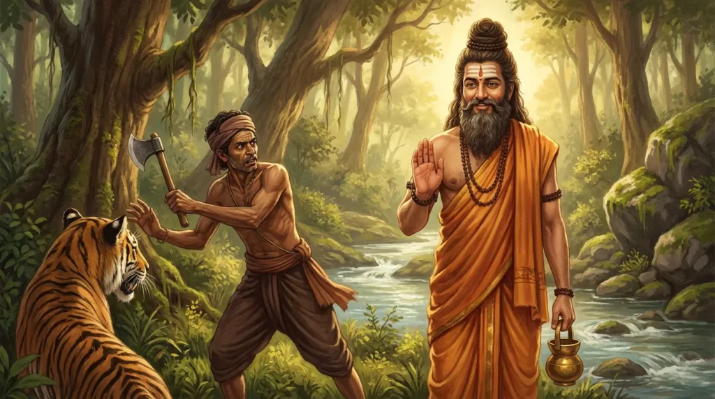 Rishi Aruni instructing a nishada who becomes a Durvasa disciple. Read Vedas, Puranas, Upanishads, Scriptures Online in Telugu, Hindi and English at VedicPeople.com