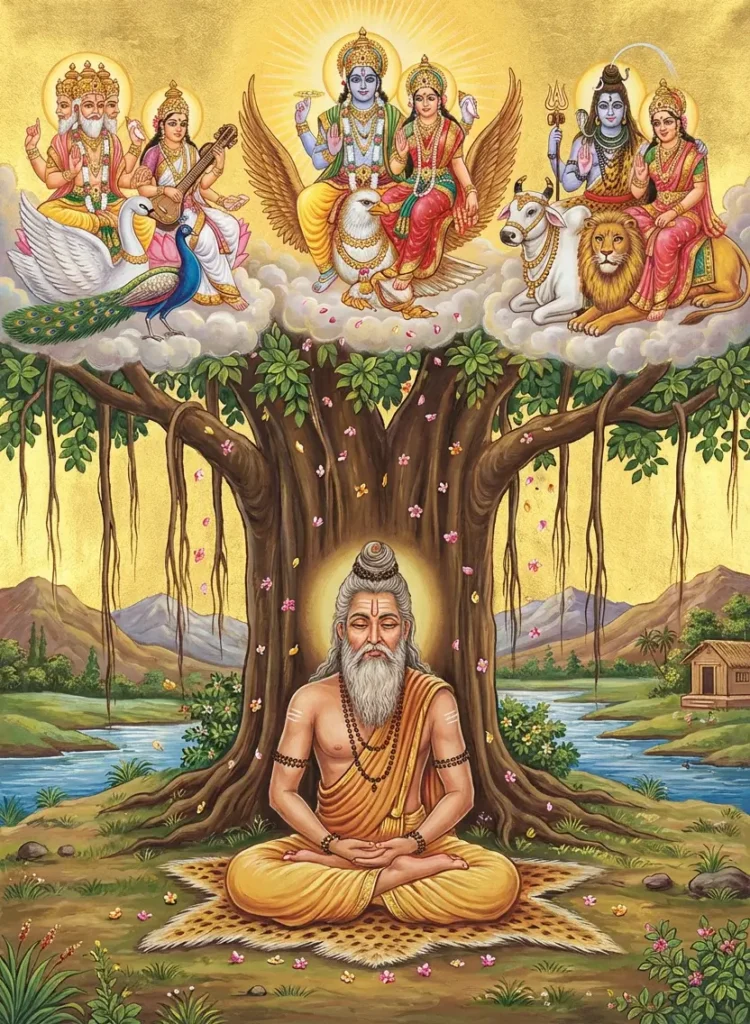 Rishi Atri is being blessed by Brahma, Saraswati, Vishnu, Lakhsmi, Siva and Parvati. Read Vedas, Puranas, Upanishads, Scriptures Online in Telugu, Hindi and English at VedicPeople.com