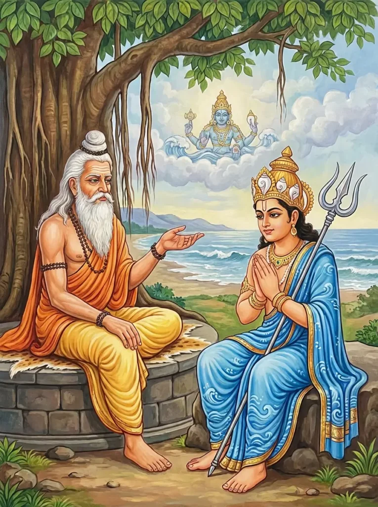 Rishi Aurva, descendant of Bhṛgu and son of Apravāṇa and Ruchi is teaching Sāgara, the king of Seas. Read Vedas, Puranas, Upanishads, Scriptures Online in Telugu, Hindi and English at VedicPeople.com