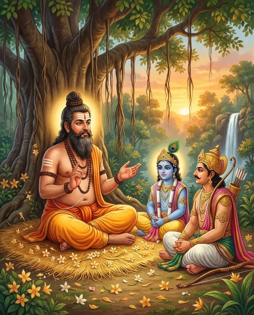 Rishi Bakadālbya teaching to Krishna and Arjuna in Maharabharata Vana Parva. Read Vedas, Puranas, Upanishads, Scriptures Online in Telugu, Hindi and English at VedicPeople.com