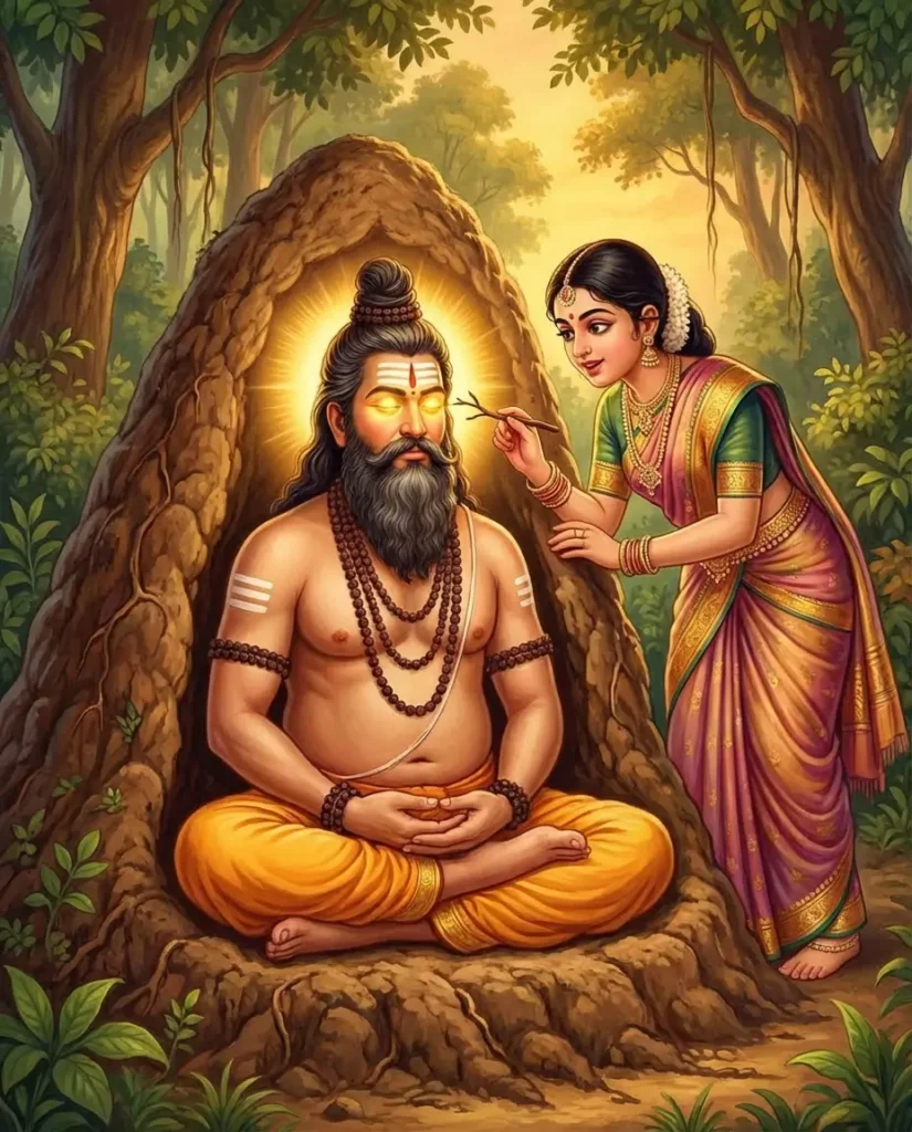 Rishi Chyavana in deep Tapas while Sukanya, the daughter of Manu is pusing a twig in his eyes. Read Vedas, Puranas, Upanishads, Scriptures Online in Telugu, Hindi and English at VedicPeople.com
