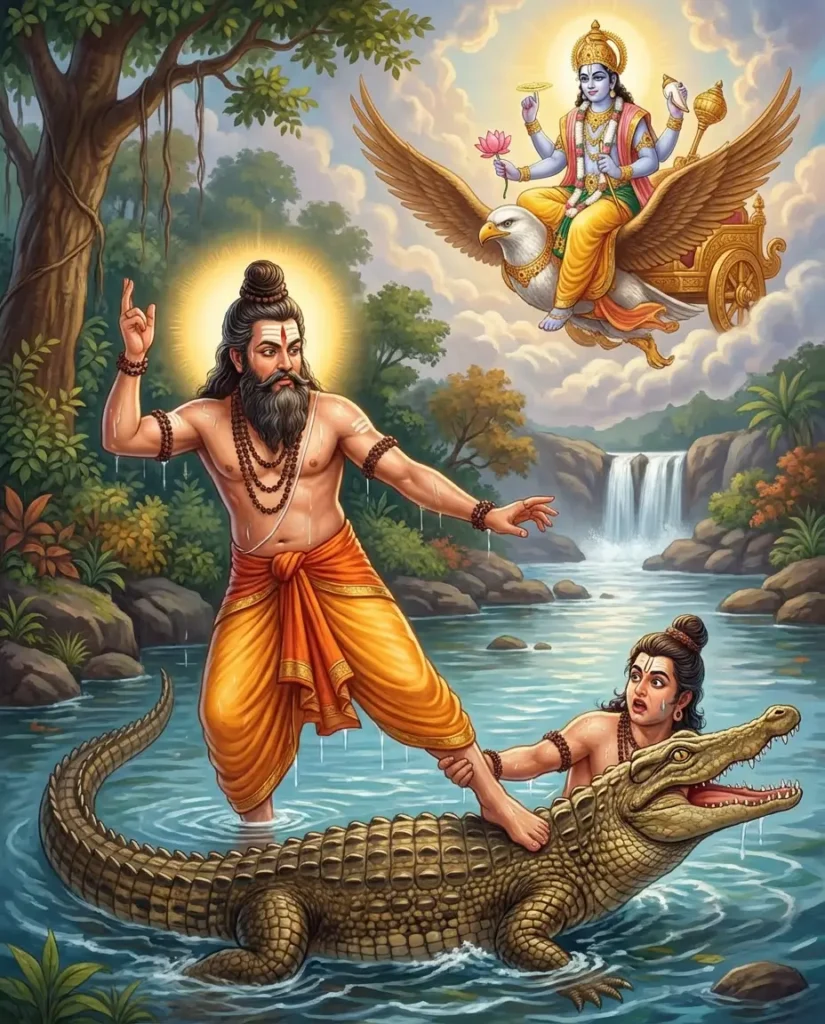 Rishi Devala cursing Huhu to become a crocodile which leads to Gajendra Moksha. Read Vedas, Puranas, Upanishads, Scriptures Online in Telugu, Hindi and English at VedicPeople.com