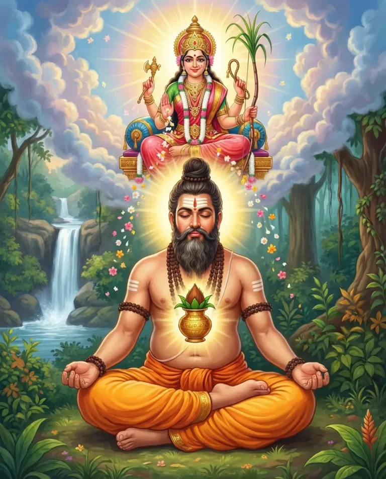 Rishi Durvāsa seeking blessings of devi and starting the tradition of Kalash. Read Vedas, Puranas, Upanishads, Scriptures Online in Telugu, Hindi and English at VedicPeople.com