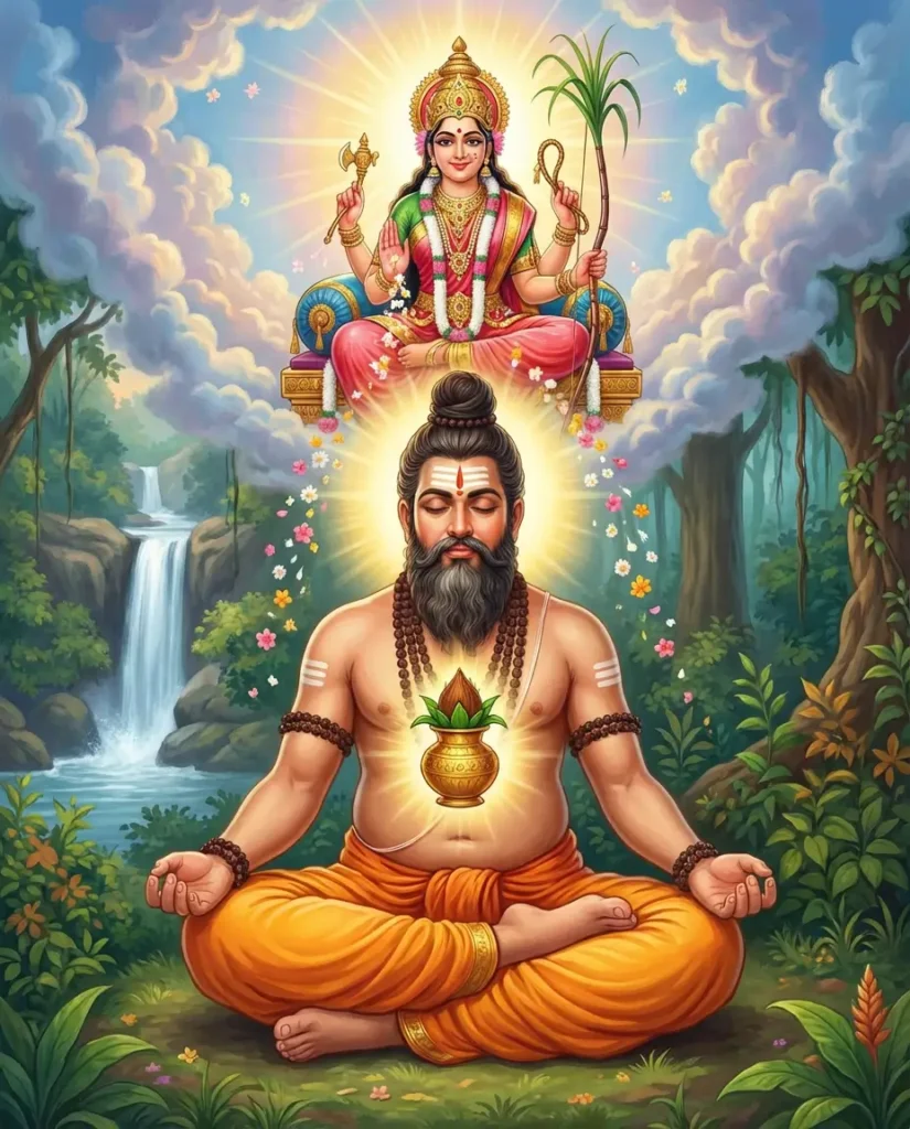 Rishi Durvāsa seeking blessings of devi and starting the tradition of Kalash. Read Vedas, Puranas, Upanishads, Scriptures Online in Telugu, Hindi and English at VedicPeople.com