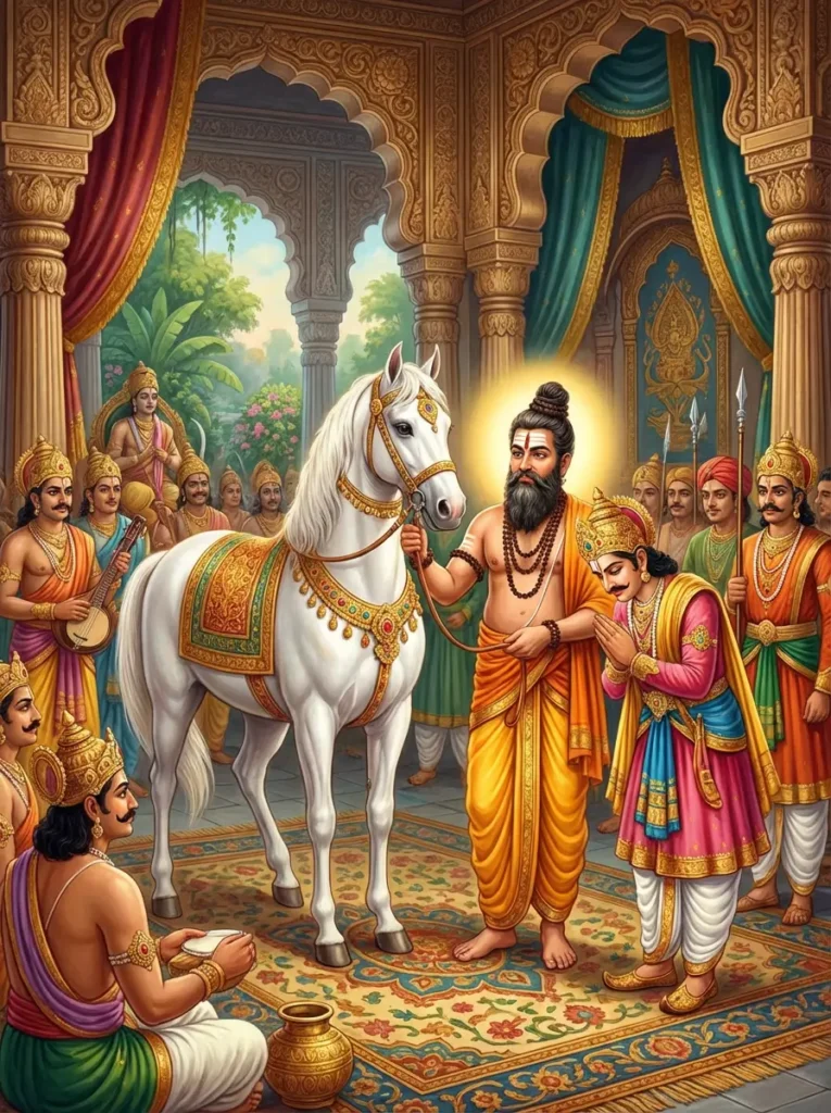 Rishi Galava presenting Kuvalaya Horse to Ṛtadhvaja. Read Vedas, Puranas, Upanishads, Scriptures Online in Telugu, Hindi and English at VedicPeople.com