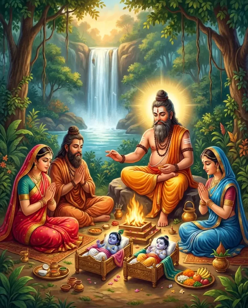 Rishi Garga performing naming ceremony of Sri Krishna and Balarama while Yashoda, Nanda and Rohini are watching. Read Vedas, Puranas, Upanishads, Scriptures Online in Telugu, Hindi and English at VedicPeople.com