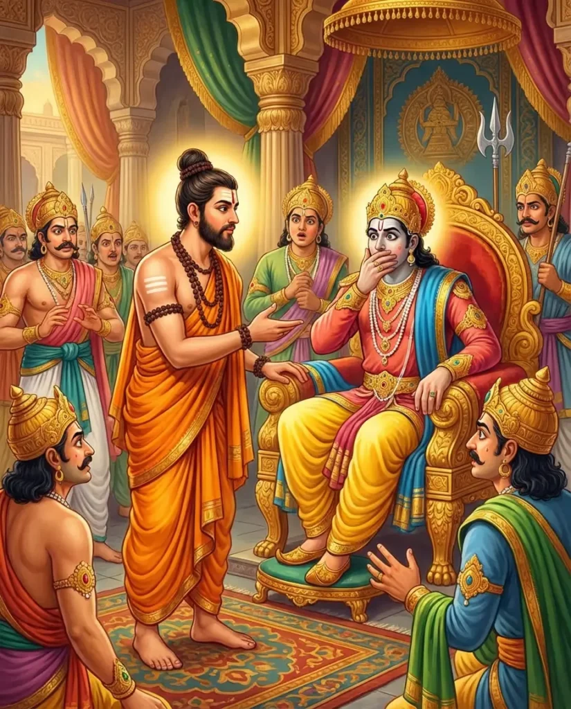 Rishi Gauramukha informing Parikshit of his curse from Sringi, the son of Samiak Maharshi. Read Vedas, Puranas, Upanishads, Scriptures Online in Telugu, Hindi and English at VedicPeople.com
