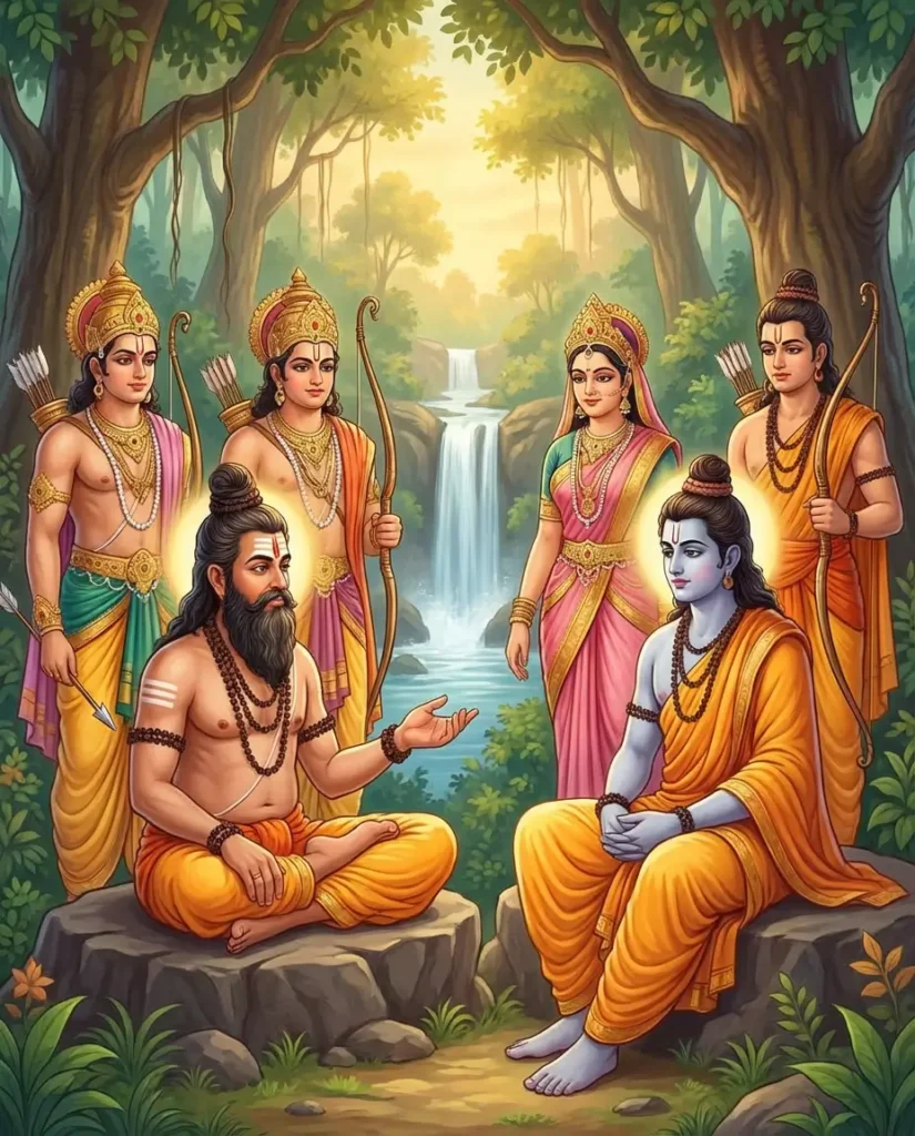 Rishi Jabali discussing with Rama while Sita, Lakshmana, Bharata and Satrughna are watching. Read Vedas, Puranas, Upanishads, Scriptures Online in Telugu, Hindi and English at VedicPeople.com