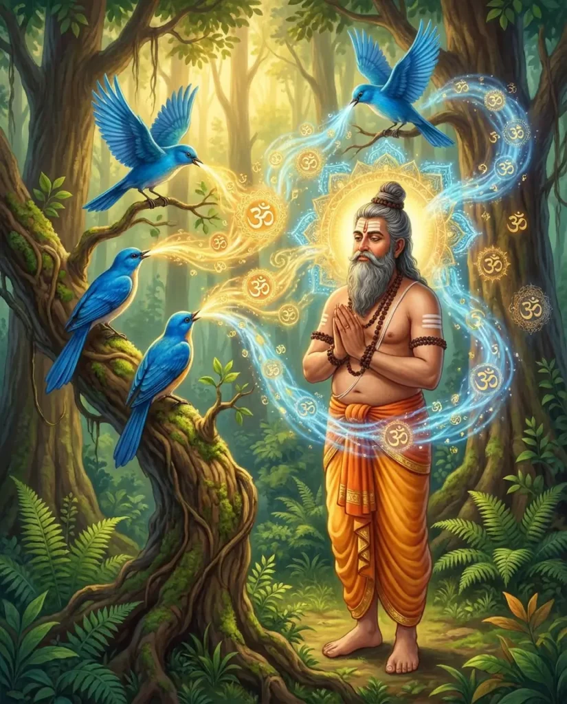 Rishi Jaimini, disciple of Veda Vyasa being taught Markandeya Purana by the four cataka birds on Markandeya's suggestion. Read Vedas, Puranas, Upanishads, Scriptures Online in Telugu, Hindi and English at VedicPeople.com