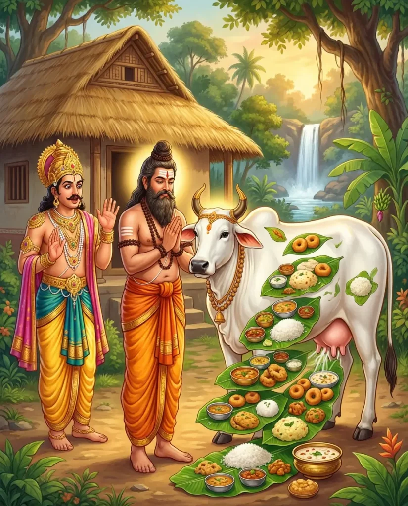 Rishi Jamadagni prays to Kamadhenu cow to serve the Kartaveeryarjuna and his military army. Read Vedas, Puranas, Upanishads, Scriptures Online in Telugu, Hindi and English at VedicPeople.com