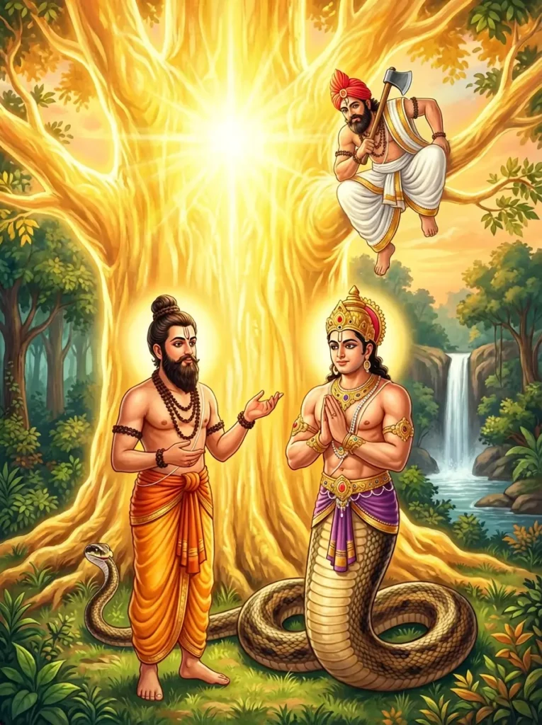 Rishi Kaasyapa discussing with Takshaka after reviving a tree with his divine skills. Read Vedas, Puranas, Upanishads, Scriptures Online in Telugu, Hindi and English at VedicPeople.com