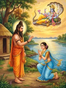 Rishi Kandu blessing apsarasa Pramloca to go back to heaven. Vishnu is blessing Rishi Kandu. Read Vedas, Puranas, Upanishads, Scriptures Online in Telugu, Hindi and English at VedicPeople.com