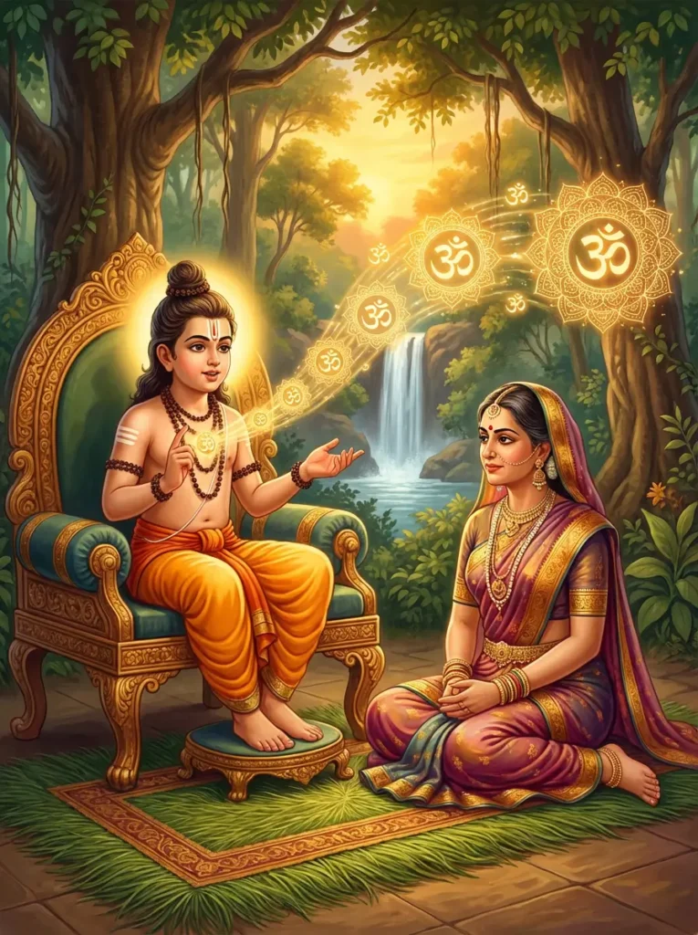 Rishi Kapila teaching Sankhya Yoga to Devahuti, the wife of Kardama Prajapati. Read Vedas, Puranas, Upanishads, Scriptures Online in Telugu, Hindi and English at VedicPeople.com
