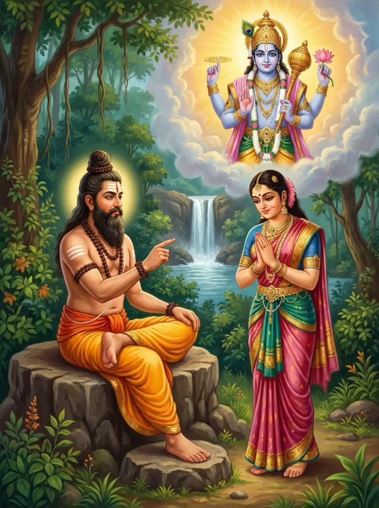 Rishi Kardama informing his wife devahuti that Narayana will be born as Kapila Rishi to teach her Devahuti. Read Vedas, Puranas, Upanishads, Scriptures Online in Telugu, Hindi and English at VedicPeople.com