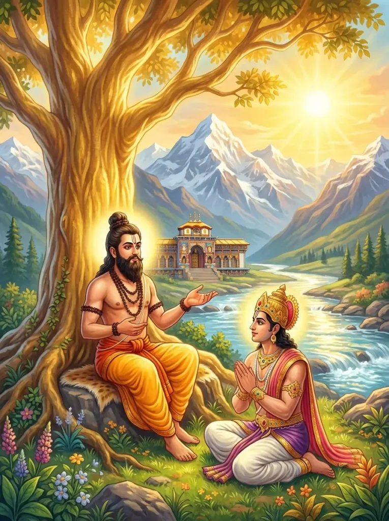 Rishi Maitreya teaching Vidura atma gyana from Sri Krishna on the banks of Alakananda near Badrinath temple in Nara Narayana hills. Read Vedas, Puranas, Upanishads, Scriptures Online in Telugu, Hindi and English at VedicPeople.com
