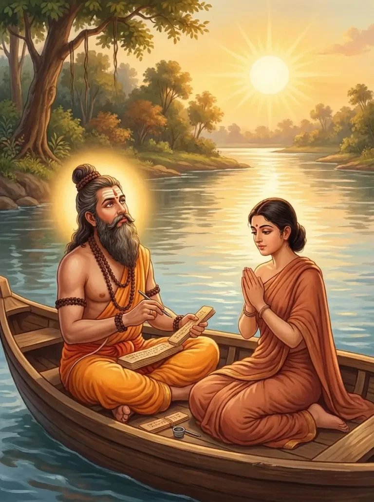 Rishi Parasara blessing Satyavati with Vyasa by calculating Jyotishya Muhurtas. Read Vedas, Puranas, Upanishads, Scriptures Online in Telugu, Hindi and English at VedicPeople.com