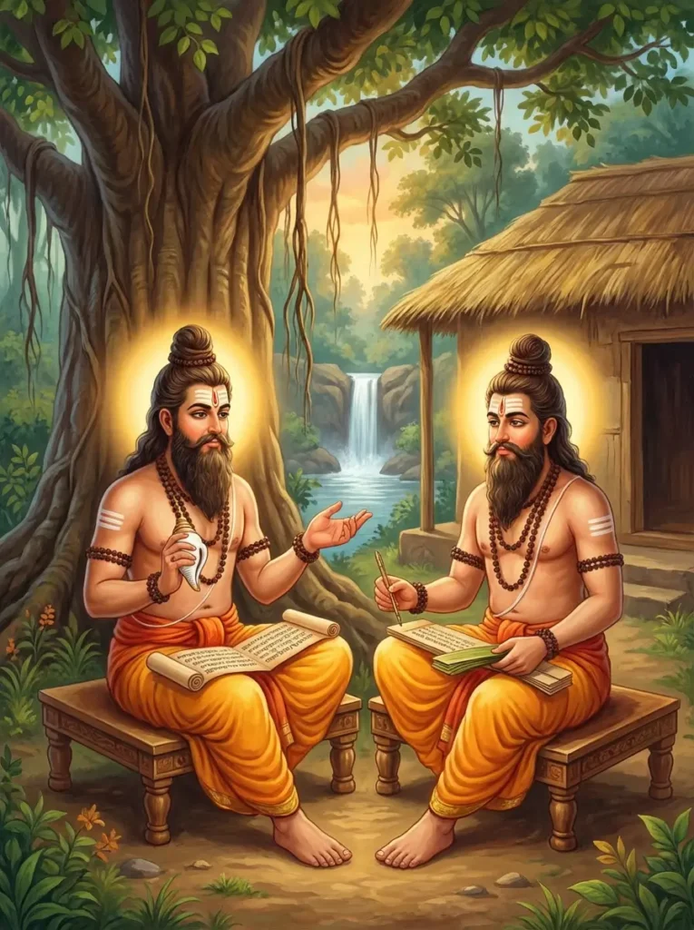 Rishi Śaṅkha and Likhita teaching Dharma Sastras in Dvapara Yuga. Read Vedas, Puranas, Upanishads, Scriptures Online in Telugu, Hindi and English at VedicPeople.com