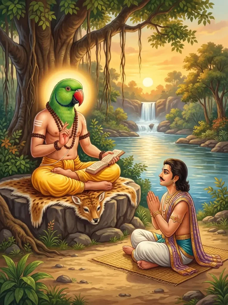 Rishi Sukha teaching Bhagavata Maha Purana to Parikshit and other rishis on the banks of Ganga for seven days. Read Vedas, Puranas, Upanishads, Scriptures Online in Telugu, Hindi and English at VedicPeople.com