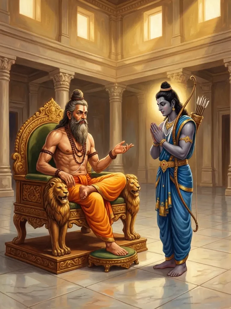 Rishi Vasishta teaching Yoga Vasishta to Bhagavan Sri Rama. Read Vedas, Puranas, Upanishads, Scriptures Online in Telugu, Hindi and English at VedicPeople.com