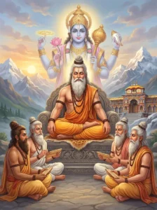 Rishi Veda Vyasa, an avatara of Sri Maha Vishnu teaching Jaimini Vaisampayana, Suta and other Rishis. Read Vedas, Puranas, Upanishads, Scriptures Online in Telugu, Hindi and English at VedicPeople.com