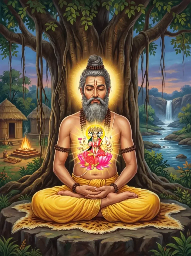 Rishi Visvamitra contemplating on Gayatri Maha Mantra. Visvamitra is the Rishi to grant Rama and Lakshmana various divine ayudhas. Read Vedas, Puranas, Upanishads, Scriptures Online in Telugu, Hindi and English at VedicPeople.com