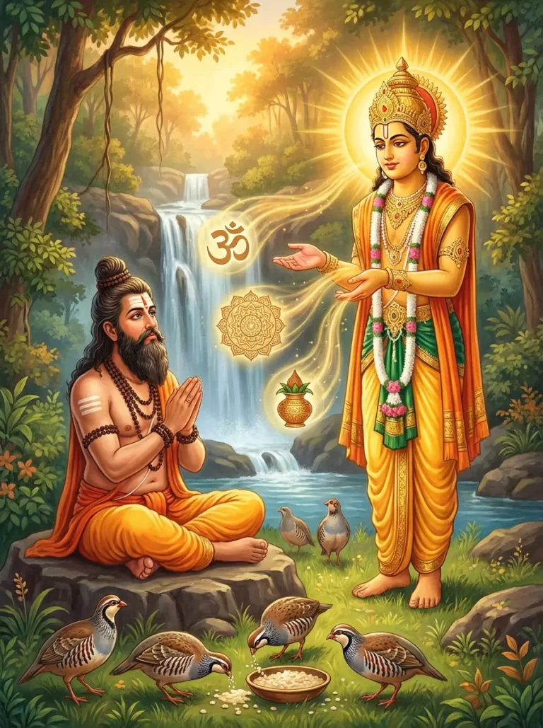 Rishi Yājñavalkya praying to bhagavan Surya while Taittari birds learn his knowledge. Read Vedas, Puranas, Upanishads, Scriptures Online in Telugu, Hindi and English at VedicPeople.com