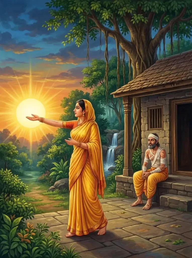 Satī Sumati stopping Surya from rising to save her husband Kausika from the curse of Rishi Mandavya as depicted in Markandeya Purana. Read Vedas, Puranas, Upanishads, Scriptures Online in Telugu, Hindi and English at VedicPeople.com