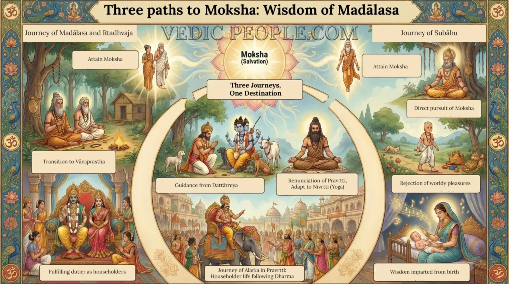 Journey of Madalasa, Rtadhvaja in Varnasrama Dharma, Alarka via pravritti marga and subahu via nivritti marga. Read Vedas, Puranas, Upanishads, Scriptures Online in Telugu, Hindi and English at VedicPeople.com
