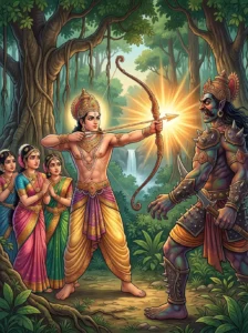 King Svaroci protecting Manoramā, Vibhāvarī and Kalāvatī from Indīvara who turned into a Rākṣasa in Mārkaṇḍeya Purāṇa Svarocisha Manvantara