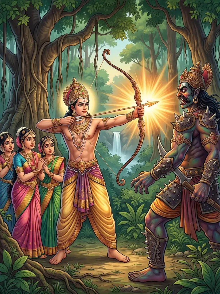 King Svaroci protecting Manoramā, Vibhāvarī and Kalāvatī from Indīvara who turned into a Rākṣasa in Mārkaṇḍeya Purāṇa.