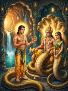 King Uttama rescuing his wife Bahula from Nagaraja Kapotaka and Nagini Nanda from Nagaloka in Mārkaṇḍeya Purāṇa Auttara Manvantara