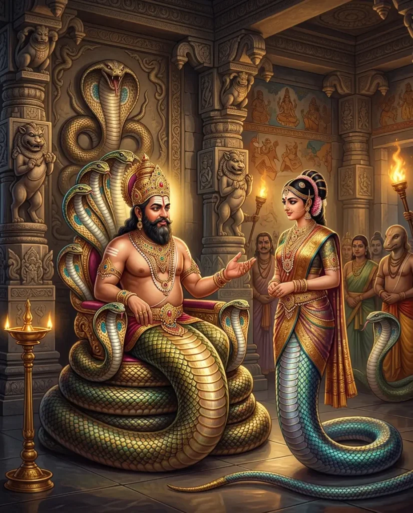 Nagaraja Kapotaka cursing his daughter nagini Nandā in Mārkaṇḍeya Purāṇa Auttara Manvantara