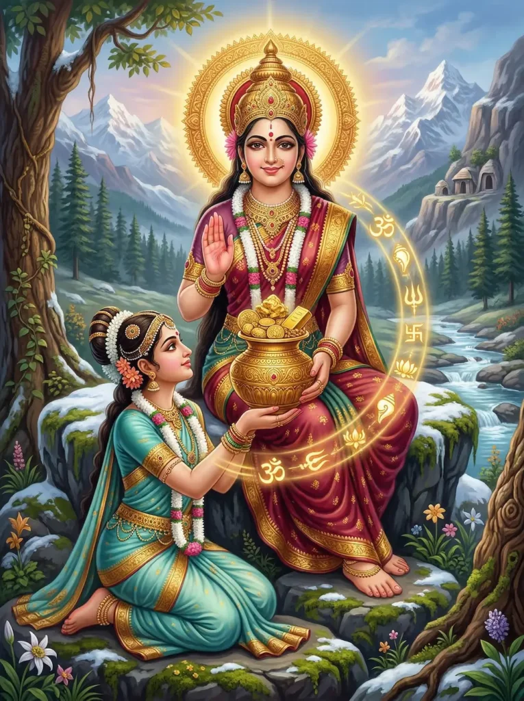 Pārvatī granting Padmini vidya to Kalāvatī, the daughter of rishi paru in Mārkaṇḍeya Purana