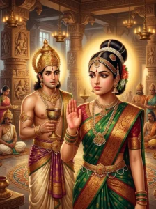 Queen Bahula not accepting a glass of wine from King Uttama, Father of Uttama Manu in Mārkaṇḍeya Purāṇa Auttara Manvantara