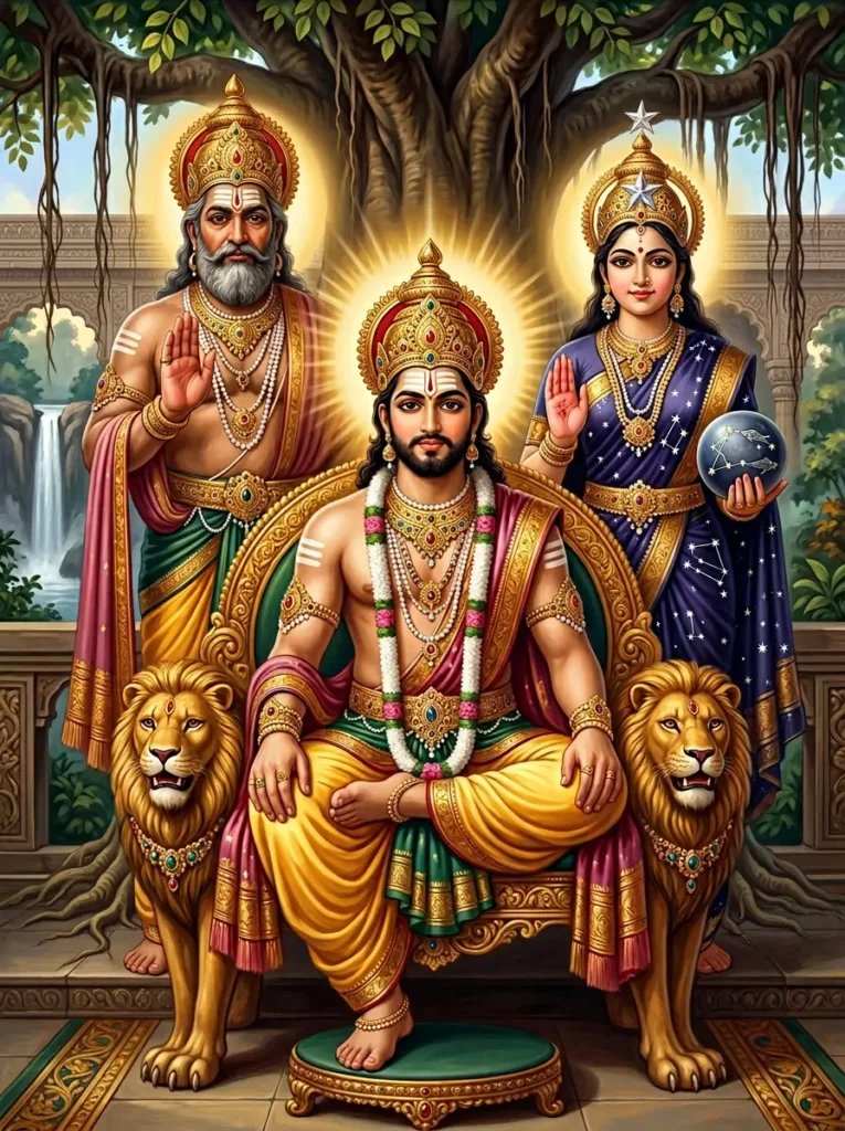 Raivata Manu on a throne with Durgama and Revati in Raivata Manvantara as described in Mārkaṇḍeya Purana