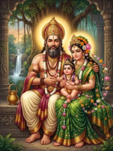 Svārocisha Manu being held by Svaroci and Vanadevata in Svārocisha Manvantara as described in Mārkaṇḍeya Purāṇa