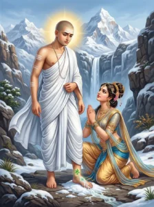 Varuthini, the apsara pleading to pravara the brahmin in the midst of himalayas for his union in Mārkaṇḍeya Purāṇa. Svarocisha Manvantara