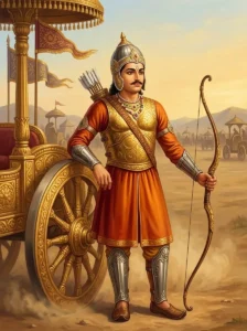 Acala, prince of Gandhara and Kaurava chariot warrior, stands beside his war chariot in armor.