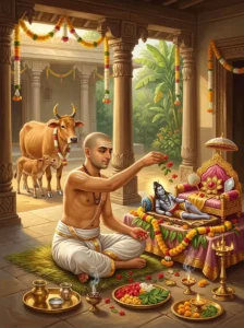 A householder performs the concluding rites of the Aditya Sayana Vrata, offering flowers before an altar that features a recl