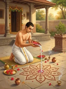 A devout householder performing the Aditya-vara Nakta Vrata in honour of the sun god Sūrya