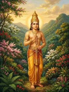 King Āgnīdhra stands serenely counting prayer beads amidst the verdant flora of Mount Mandara.